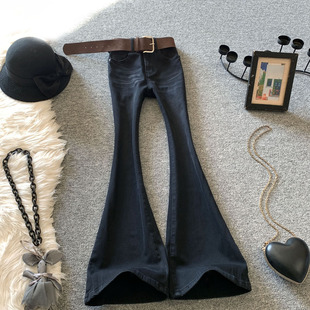 复古猫须微喇叭牛仔裤女冬季加绒黑色高腰蜜桃臀显瘦修身马蹄长裤