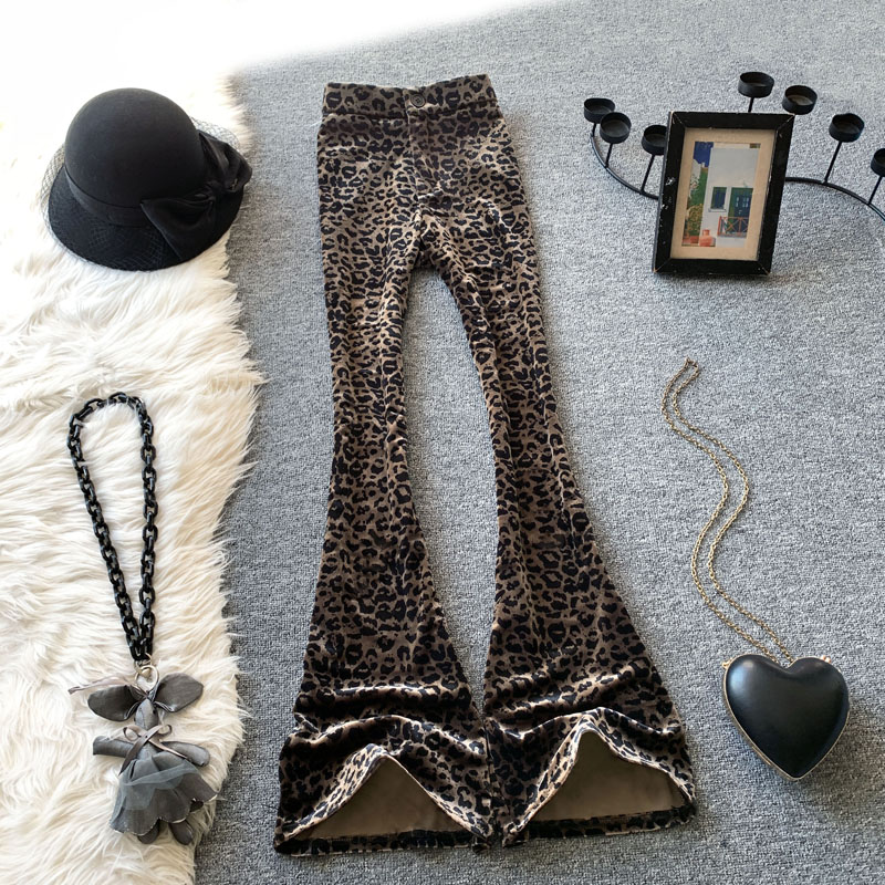 复古高腰垂感长裤豹纹丝绒微喇裤