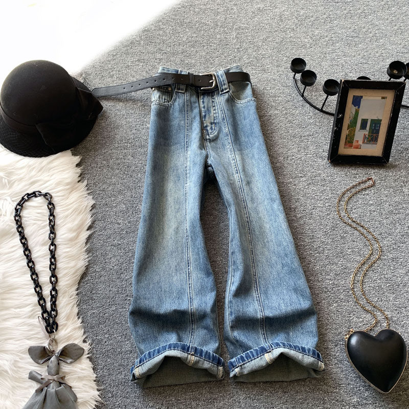 蓝色九分弯刀牛仔裤女春夏季高腰慵懒风显瘦宽松哈伦休闲直筒裤潮