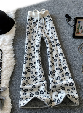 印花白色阔腿针织裤女秋冬季宽松拖地水貂绒软糯垂感直筒休闲长裤