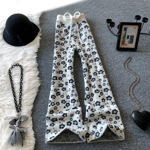 白色休闲直筒长裤印花阔腿针织裤