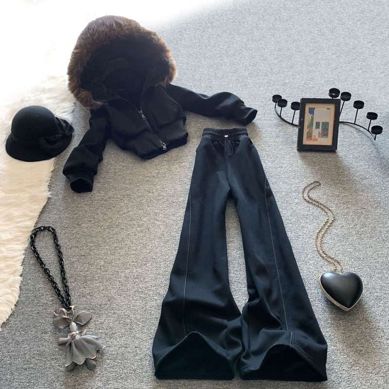 休闲时尚运动套装女冬季加厚毛领连帽短款卫衣加绒阔腿裤两件套潮