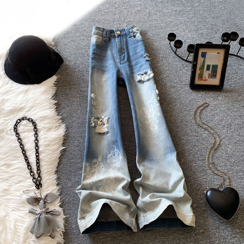 渐变破洞高腰阔腿牛仔裤女春季复古美式风浅色水洗亮钻印花直筒裤