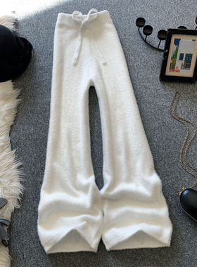白色阔腿针织裤女秋冬季新款宽松拖地水貂绒软糯垂感直筒休闲长裤