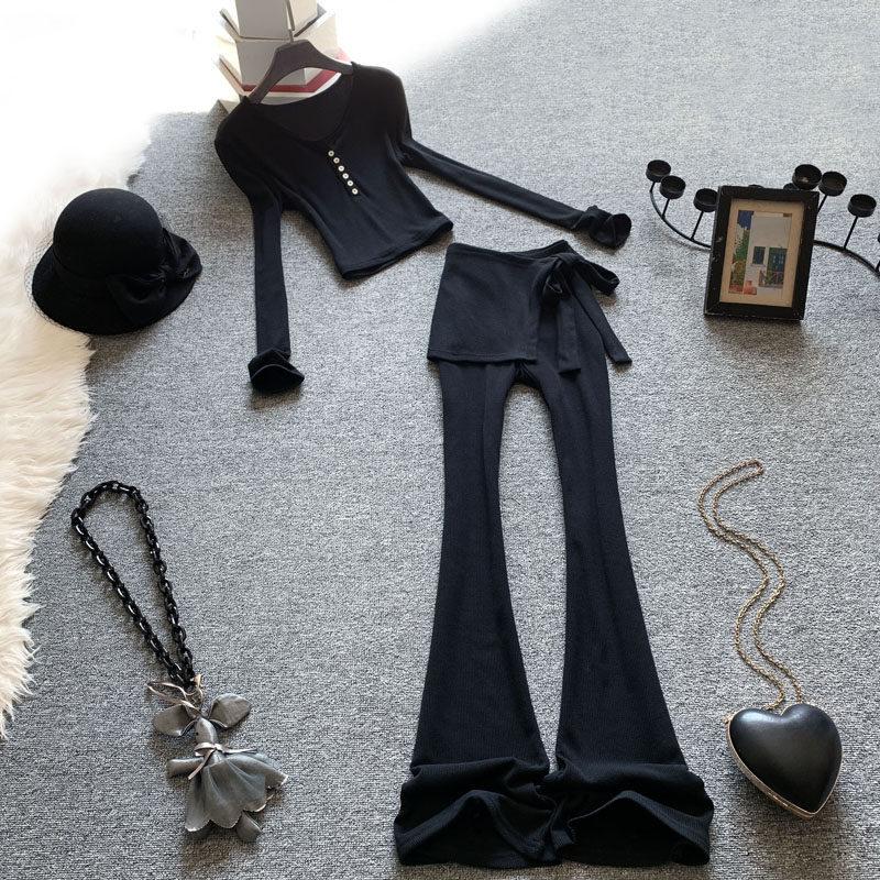 休闲运动时尚套装女春夏独特搭配一整套百搭短款上衣微喇裤两件套