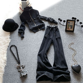 独特漂亮扎染黑色立领卫衣阔腿裤 女春季 两件套潮 运动套装 休闲时尚