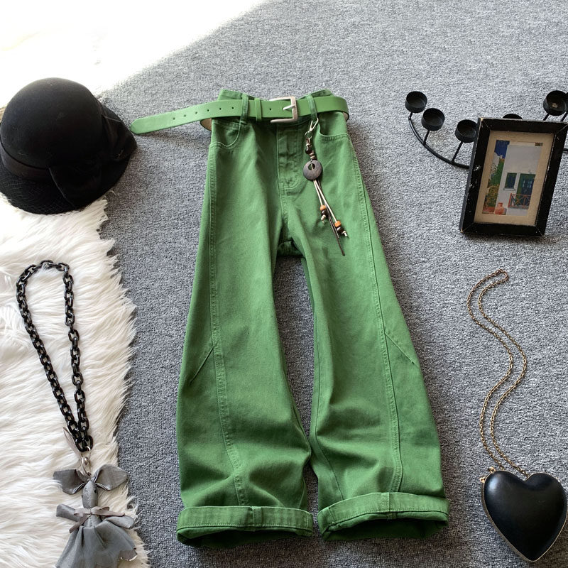绿色九分弯刀牛仔裤女春夏季高腰慵懒风糖果色显瘦宽松休闲直筒裤