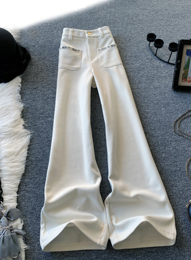米白色小香风窄版阔腿裤女秋季加绒毛呢高腰镶钻显瘦休闲直筒裤子