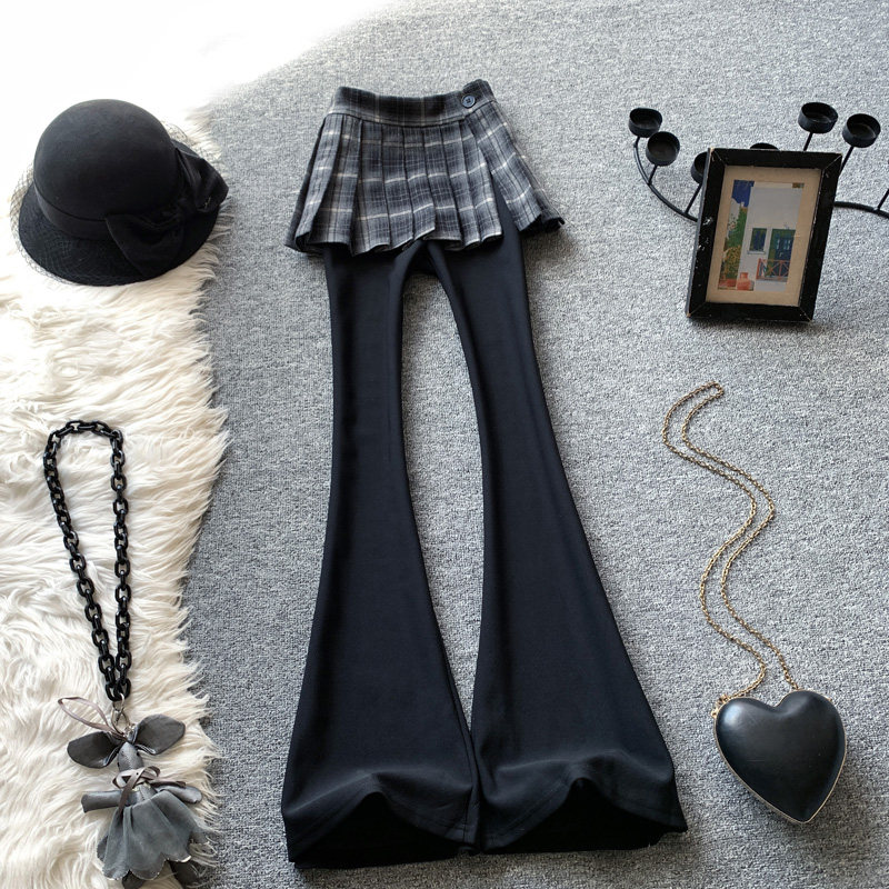 黑色微喇西装裤女2025秋季新款假两件百皱裙遮臀弹力显瘦喇叭长裤