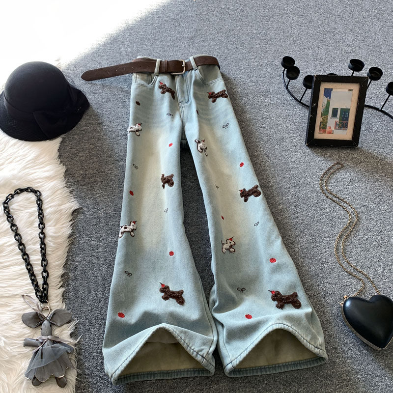 复古刺绣阔腿牛仔裤女冬季加绒加厚高腰显瘦宽松显瘦直筒休闲裤子