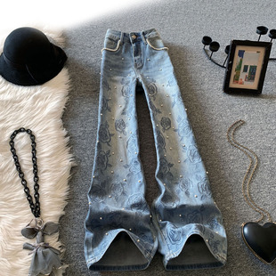 钉珠玫瑰印花阔腿牛仔裤女春季2026新款浅蓝色高腰显瘦宽松直筒裤