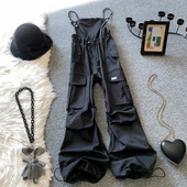 复古宽松显瘦休闲直筒阔腿连体裤 黑色工装 新款 美式 背带裤 女春秋季