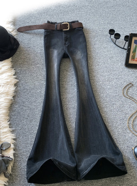 黑灰色微喇叭牛仔裤女春秋毛边高腰水洗显瘦拖地长裤修身马蹄裤子