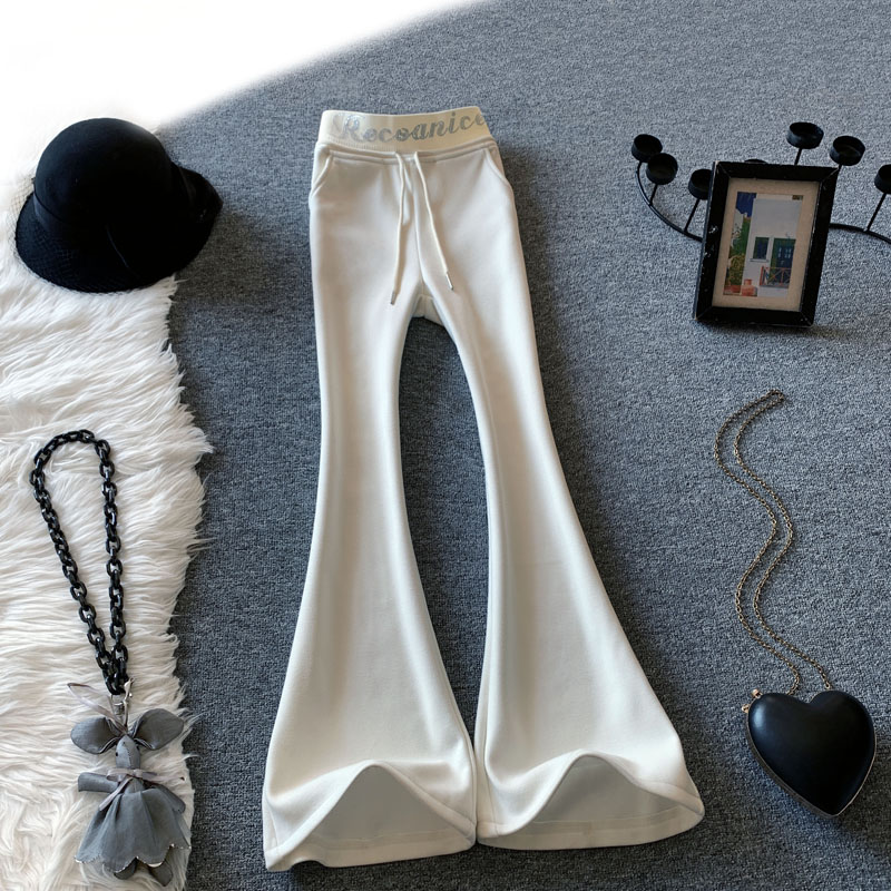 米白色微喇裤女秋冬加绒加厚烫钻