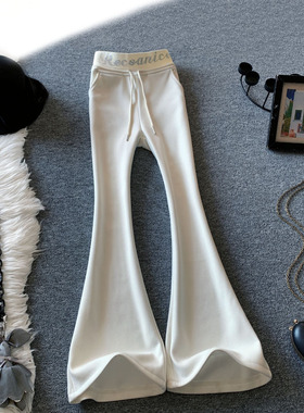 米白色微喇裤女秋冬加绒加厚高腰烫钻显瘦修身拖地长裤毛呢休闲裤