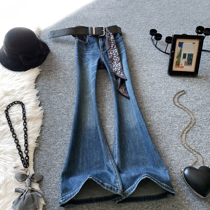 不贴腿窄版微喇裤女秋季猫须水洗宽松直筒阔腿牛仔裤高腰喇叭裤子
