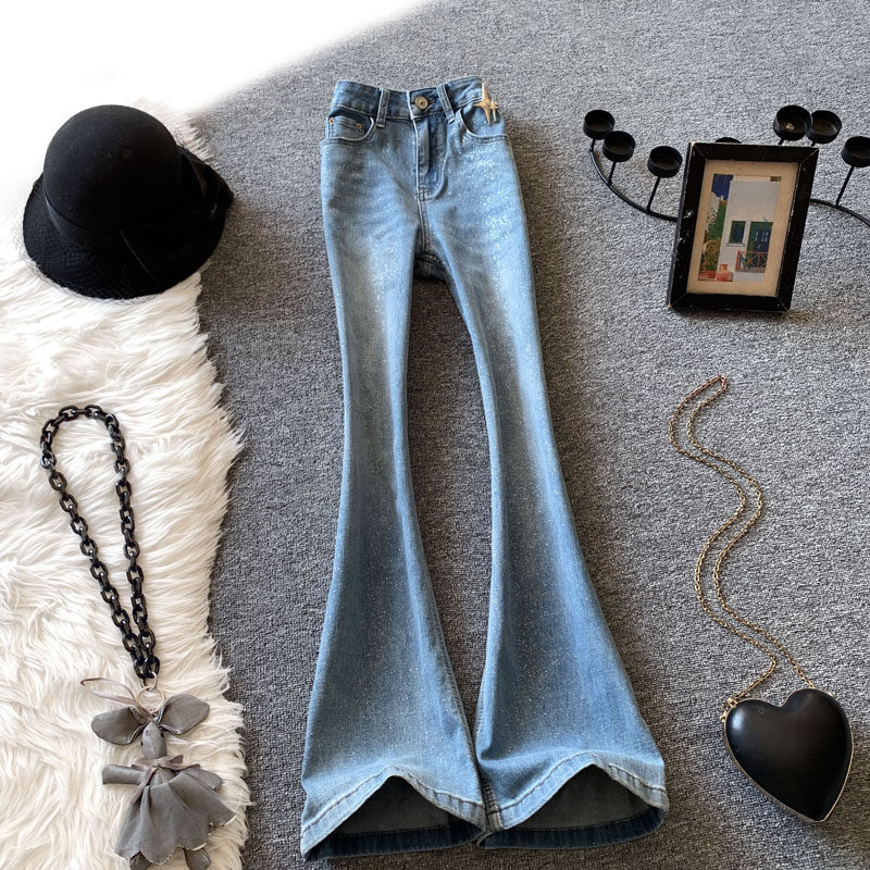 浅蓝色微喇牛仔裤女春季辣妹风高腰显瘦亮闪闪喇叭长裤修身马蹄裤