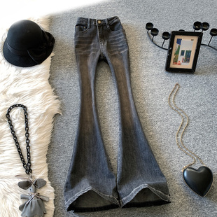 黑色微喇牛仔裤女春秋2025新款高腰水洗磨白显瘦弹力小个子马蹄裤