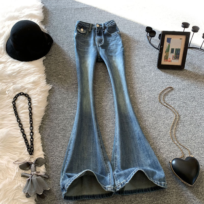 美式复古高腰微喇牛仔裤女春季新款水洗修身显瘦喇叭裤长裤浅蓝色