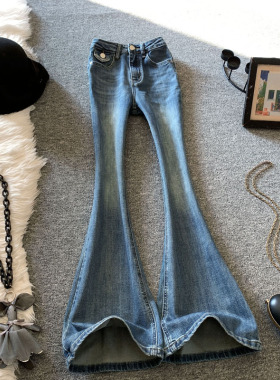 美式复古高腰微喇牛仔裤女春季新款水洗修身显瘦喇叭裤长裤浅蓝色