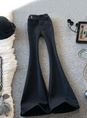 黑色微喇牛仔裤女冬季加绒高腰设计感辣妹马蹄裤修身显瘦喇叭裤子