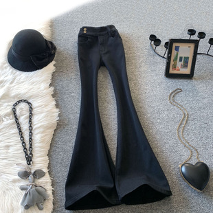 黑色微喇牛仔裤女冬季加绒高腰设计感辣妹马蹄裤修身显瘦喇叭裤子