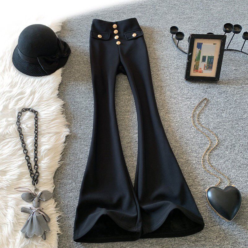 黑色微喇裤女春季新款高腰纽扣设计感显瘦修身拖地长裤垂感喇叭裤