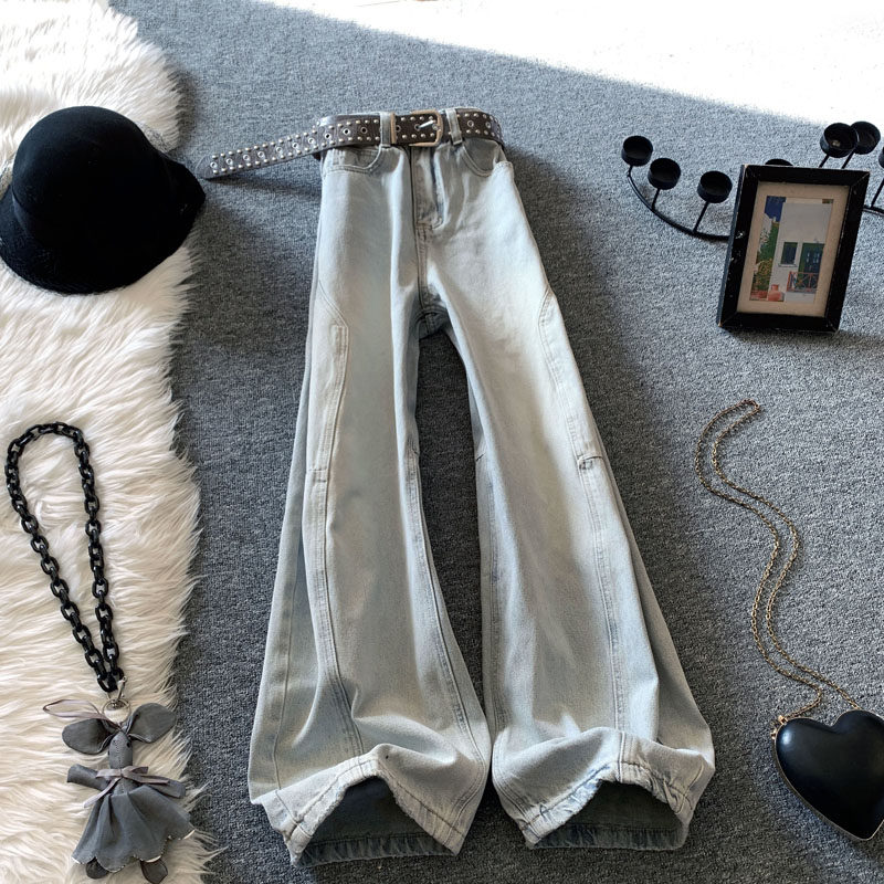 浅蓝色弯刀牛仔裤女春季2026新款高腰显瘦美式镰刀裤宽松阔腿裤子