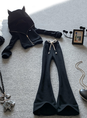 休闲运动时尚套装女春秋黑色搭配一整套耳朵连帽上衣微喇裤两件套