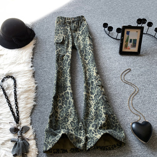 豹纹微喇牛仔裤女秋季新款美式复古高腰修身显瘦不贴腿直筒喇叭裤