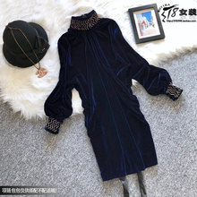 金丝绒连衣裙女 秋冬新款 欧美大牌气质礼服重工钉珠打底裙立领长袖