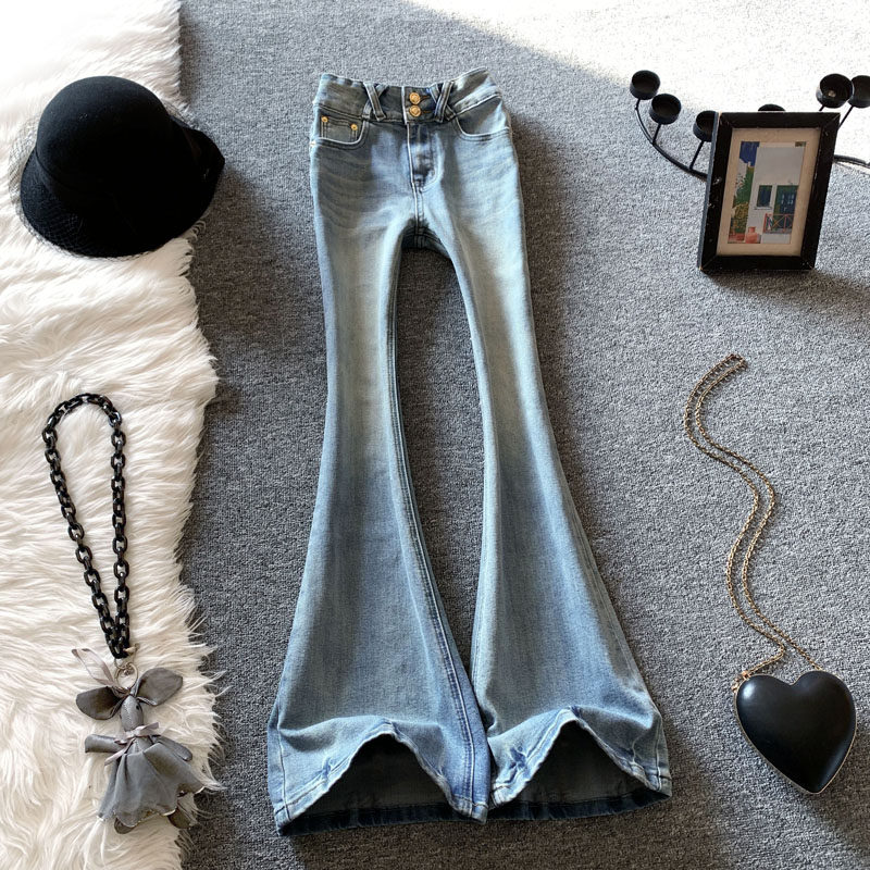 猫须浅蓝色微喇叭牛仔裤女春季2026新款低腰辣妹显瘦紧身马蹄长裤