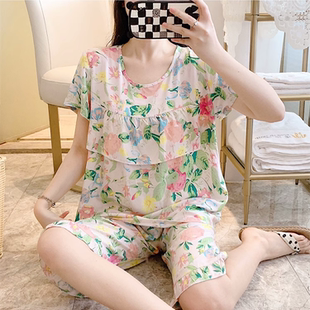 宽松休闲人造棉家居服 夏季 棉绸睡衣女防凸点短袖 套装 薄水洗棉大码