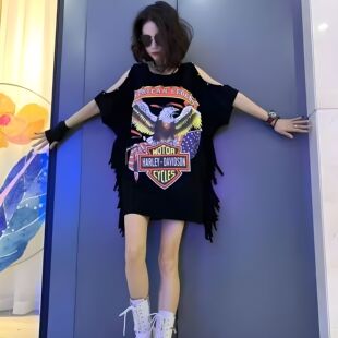 欧洲站抖音网红款2026夏新款大码宽松中长款圆领露肩流苏短袖t恤