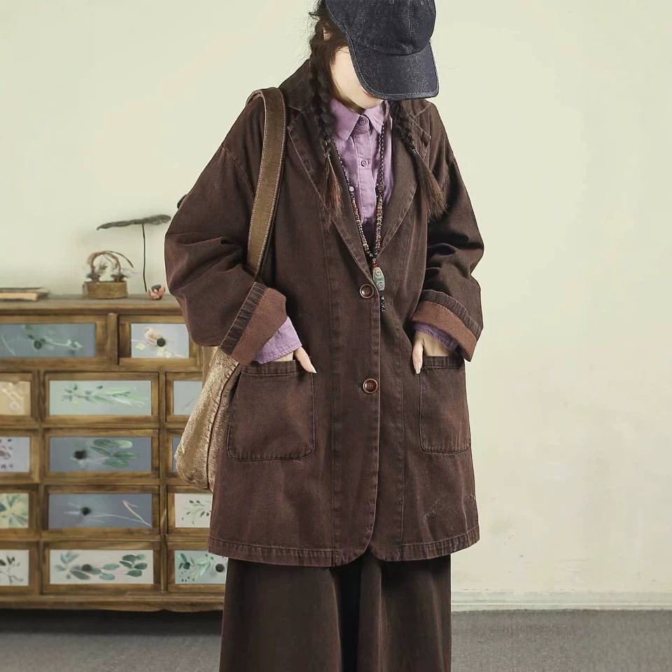 复古做旧牛仔外套2026文艺简约西装领慵懒风宽松休闲中长款外套女图片