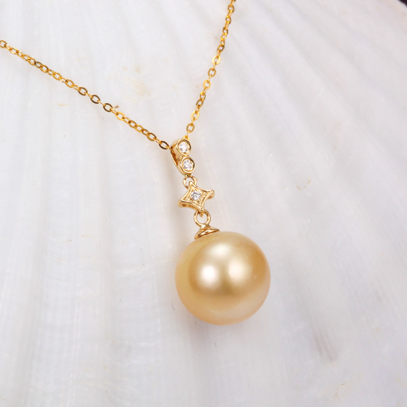 老谭配件18k珍珠吊坠空托金珍珠项链扣头彩金单坠镶钻圆珠站扣厚