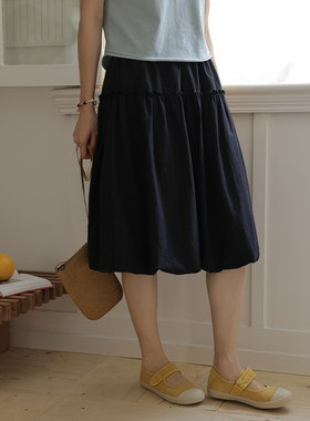 日系简约半身裙女夏季高腰显瘦小个子松紧腰A字中长款花苞裙9475