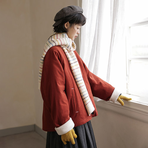 日系复古红色灯芯绒棉服女秋冬羊羔绒设计感小个子棉衣外套8943