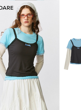 FORDARE/福蝶25早秋灰色吊带背心假两件套头长袖T