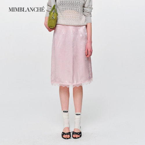 【现货】MIMBLANCHE 26夏季新款醋酸缎面蕾丝下摆丝滑A字半裙女