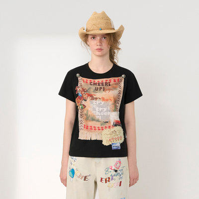 【现货】CHEERi UPi2026春季新款卡通图案画帘印花条纹黑色短袖