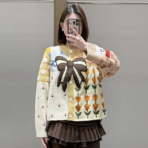 【现货】FORDARE/福蝶26春季设计师新品趣味撞色拼花蝴蝶结开衫