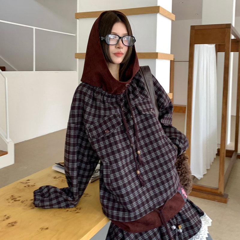 现货YANAG格纹拼接连帽呢外套女