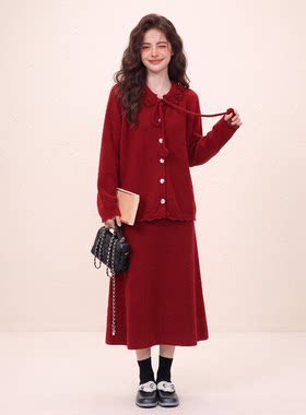 秋冬女气质红色针织开衫半裙套装