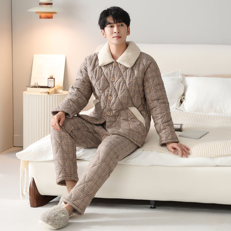 冬季梭织纯棉夹棉男睡衣加绒加厚