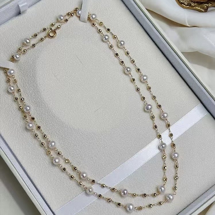 14k注金满天星豆豆毛衣链6-7mm近圆强光天然高品质淡水珍珠项链