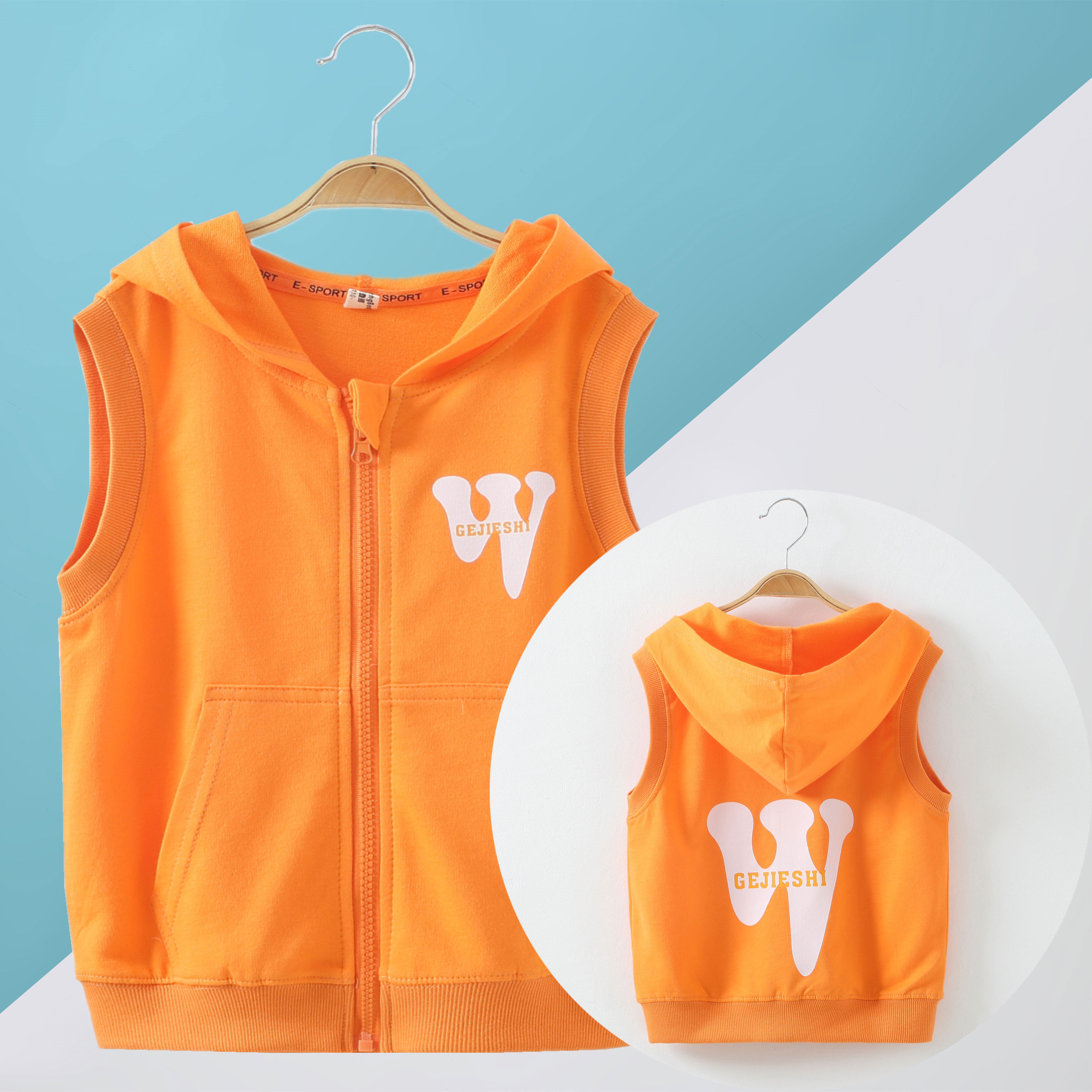 儿童春秋纯棉休闲连帽外穿马甲男童女宝宝时尚休闲潮流字母坎肩帅