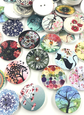 100个/包15/20/25mm彩绘圆片木纽扣印花T恤牛仔裤手工diy辅料扣