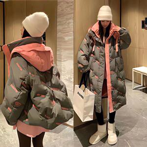 欧货重工拼色文艺加厚保暖连帽羽绒服女冬季时尚字母百搭棉服外套
