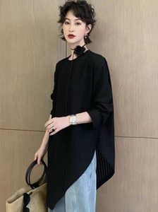 欧货斜切圆领长袖T恤女2024春新款中长款宽松显瘦开叉打底衫上衣